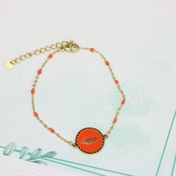 Gold Plated Yellow Bracelet with Orange Leaf Charm, Adjustable Size, XPBL0629 - Picture 3 of 12